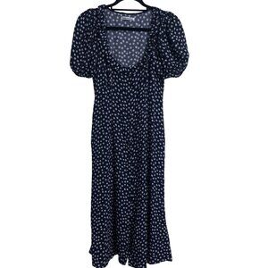 REFORMATION Navy Blue Daisy Print Short Sleeve Ruffle Neck Midi Dress size 2